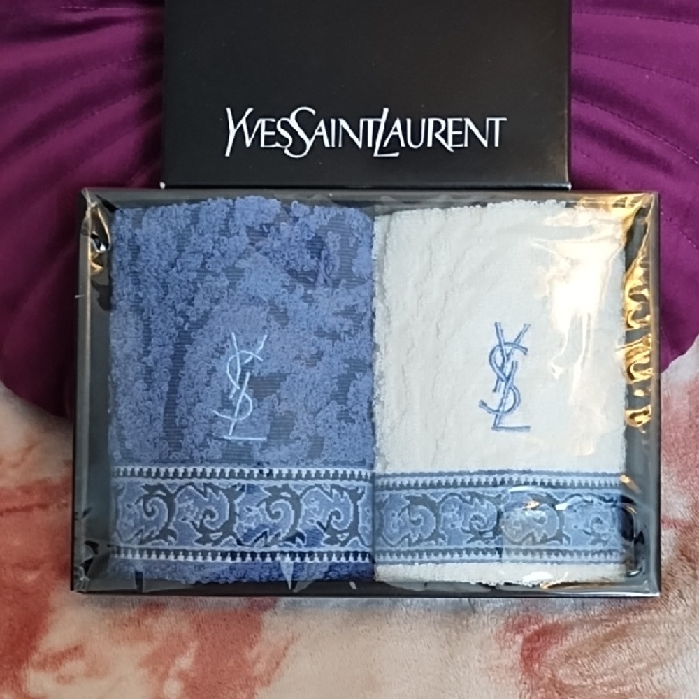 Yves Saint Laurent Blue and White Monogram Face Cloth Duo